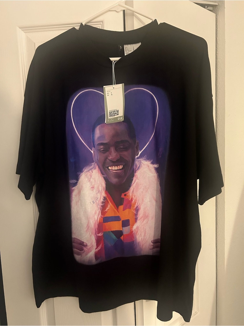 H&M Black Short-Sleeve Tee with Colorful Portrait Graphic